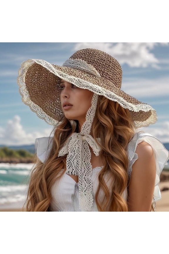 Women's Summer Sun Hat Wide Brim Straw Beach Hat With Lace Trim Adjustable Tie For Outdoor Travel Gardening Vacation Mens Hat Birding Hats for Men Outback Hat Washable Fedora Hats Women Fedora for