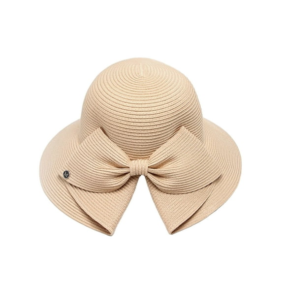 Women's Summer Sun Hat with Back Bowknot Decor - Wide Brim Round Dome - Breathable - Adjustable - Anti-UV Beach Straw Hat