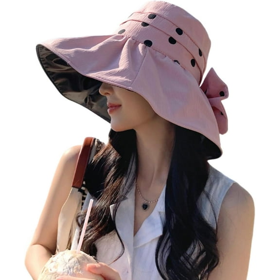 Women's Summer Sun Hat with Polka Dots-Wide Brim UV Protection Foldable Beach Hat,Breathable Travel Hat for Vacation