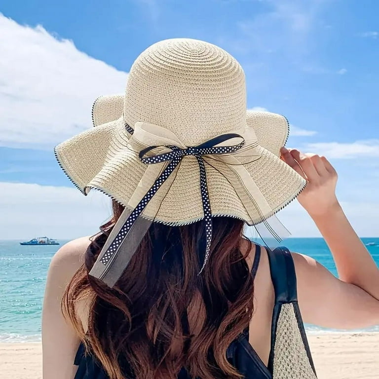 Women's Summer Sun Straw Beach Hat with Ribbon Bowknot - Elegant and  Luxurious Summer Sun Hat - Beige Color 