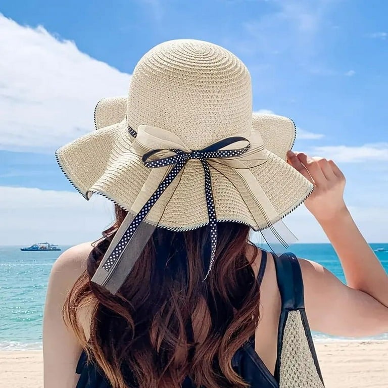 Women's Summer Sun Straw Beach Hat with Ribbon Bowknot - Elegant and  Luxurious Summer Sun Hat - Beige Color