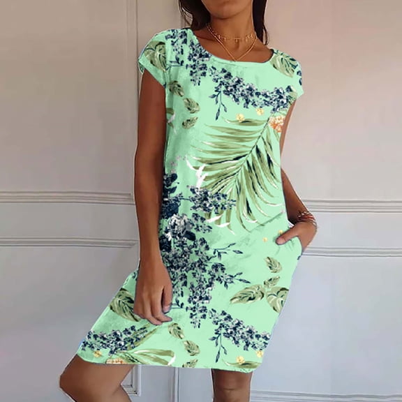 Women's Summer Sundress Casual Cap Sleeve Crewneck Beach Dresses with Pockets Green L