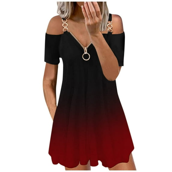 Women's Summer Sundress Casual Gradient Spaghetti Chain Strap Dress Cold Shoulder Zipper Deep V Neck Swing Midi Dresses