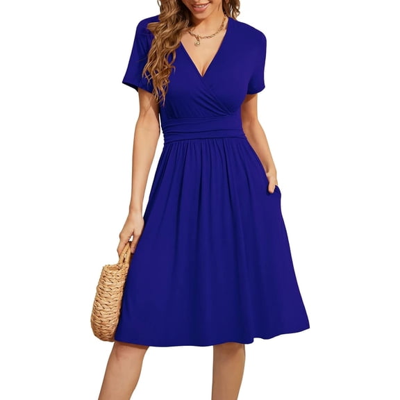 Women's Summer Sundress Casual Short Sleeve V-Neck Short Party Dress with Pockets