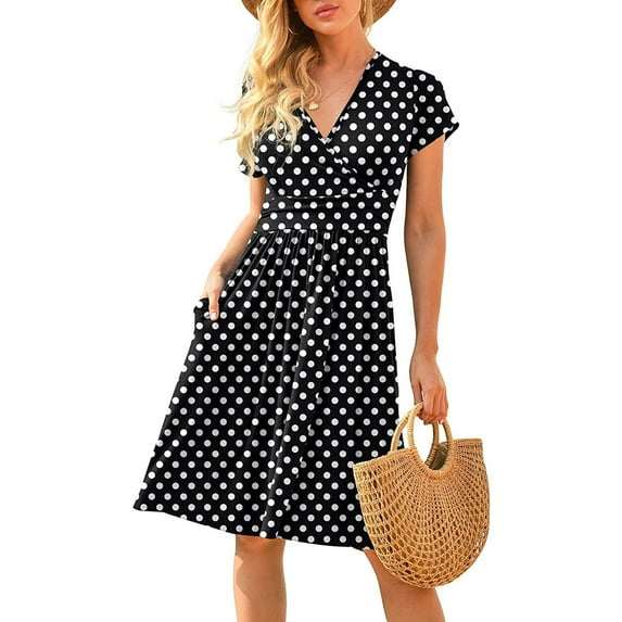 Women's Summer Dress Casual Short Sleeve V-Neck Short Party Dress with Pockets