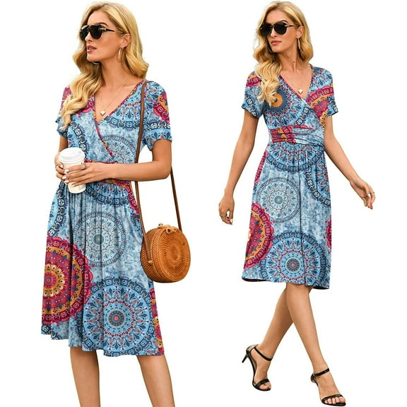 Women's Summer Dress Casual Short Sleeve V-Neck Short Party Dress with Pockets
