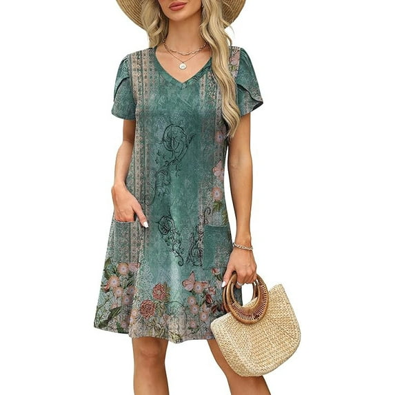 Women’s Summer Sundress with Pockets Short Sleeve V Neck Swing Midi Dress Casual Loose Fit Vacation Beach Dress
