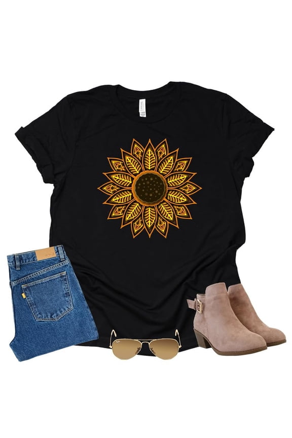 Women's Summer Sunflower T Shirt Cute Flower Graphic Loose Tees Crew Neck Short Sleeve Casual Tops (Black-Medium)
