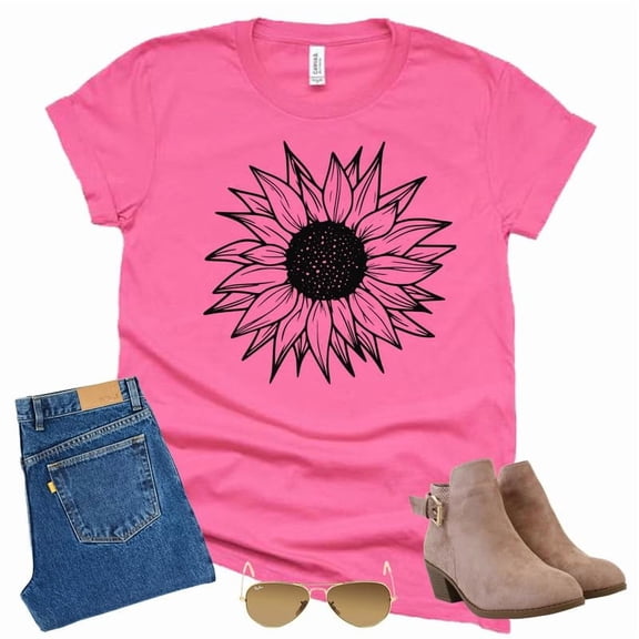 Women's Summer Sunflower T Shirt Cute Flower Graphic Loose Tees Crew Neck Short Sleeve Casual Tops (Dark Pink-Medium)