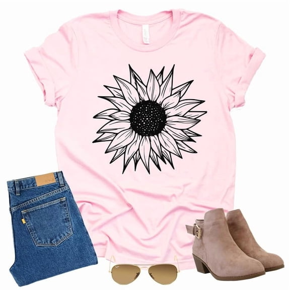 Women's Summer Sunflower T Shirt Cute Flower Graphic Loose Tees Crew Neck Short Sleeve Casual Tops (Light Pink-Small)