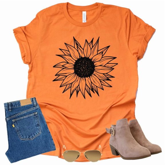 Women's Summer Sunflower T Shirt Cute Flower Graphic Loose Tees Crew Neck Short Sleeve Casual Tops (Orange-Large)