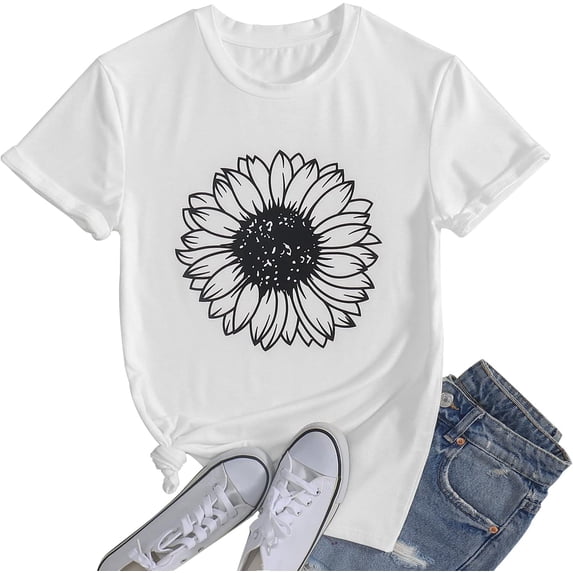 Women's Summer Sunflower T Shirt Cute Flower Graphic Loose Tees Crew Neck Short Sleeve Casual Tops