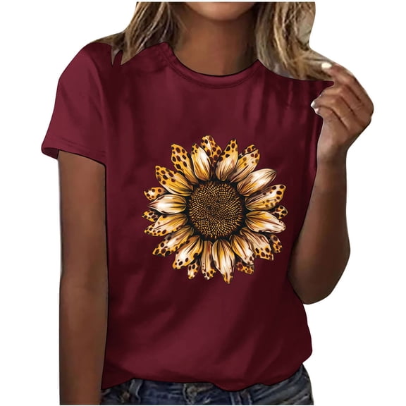 Women's Summer Sunflower T Shirts Cute Flower Graphic Short Sleeve Tees Casual Loose Fit Crew Neck Basic Tops (2XL, Wine)