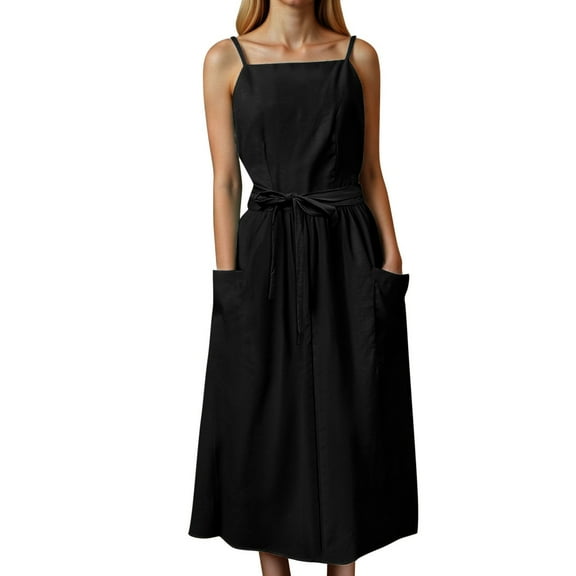 Women's Summer Suspender Square Neck Dress - Waist Strap Midi