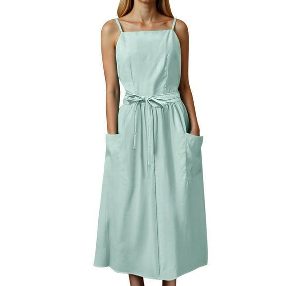 Women's Summer Suspender Square Neck Dress - Waist Strap Midi