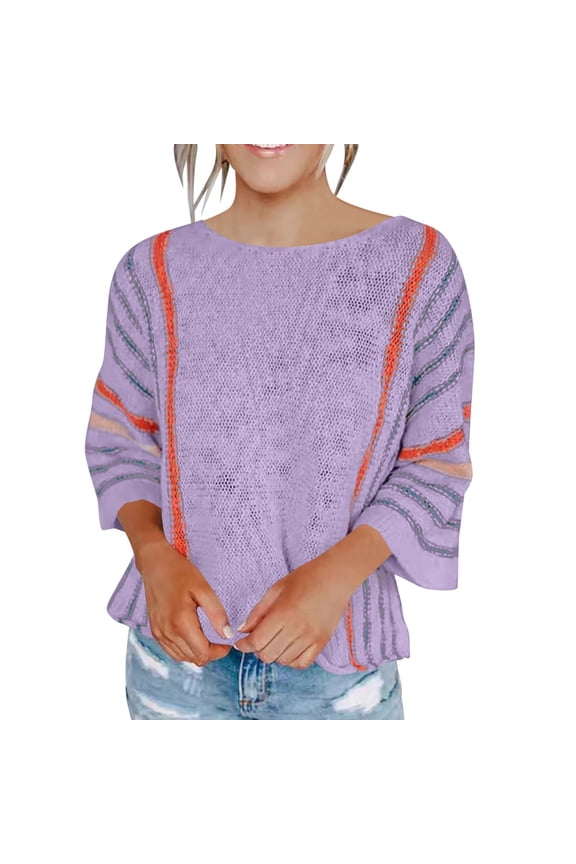 Women's Summer Sweater Pullover Boxy Lightweight Casual 3/4 Sleeve Knit Shirt Tops Striped Crewneck Blouse