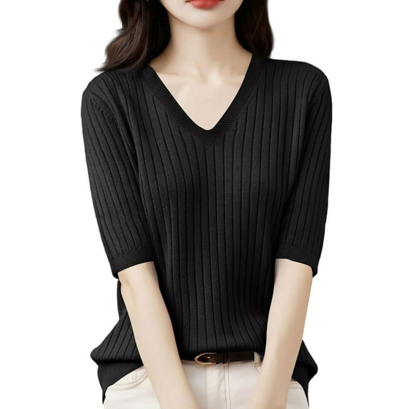 Women's Summer Sweater Short Sleeve V-Neck Breathable Cotton Pullover Soft Lightweight Knit Blouse Black S