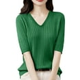 thumbnail image 1 of Women's Summer Sweater Short Sleeve V-Neck Breathable Cotton Pullover Soft Lightweight Knit Blouse Green XL, 1 of 4
