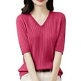 thumbnail image 1 of Women's Summer Sweater Short Sleeve V-Neck Breathable Cotton Pullover Soft Lightweight Knit Blouse Hot Pink L, 1 of 4