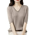 thumbnail image 1 of Women's Summer Sweater Short Sleeve V-Neck Breathable Cotton Pullover Soft Lightweight Knit Blouse Khaki S, 1 of 4