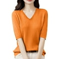 thumbnail image 1 of Women's Summer Sweater Short Sleeve V-Neck Breathable Cotton Pullover Soft Lightweight Knit Blouse Orange XXL, 1 of 4