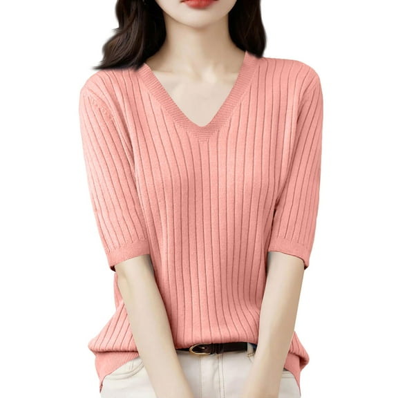 Women's Summer Sweater Short Sleeve V-Neck Breathable Cotton Pullover Soft Lightweight Knit Blouse Pink L