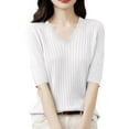 thumbnail image 1 of Women's Summer Sweater Short Sleeve V-Neck Breathable Cotton Pullover Soft Lightweight Knit Blouse White M, 1 of 4