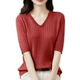thumbnail image 1 of Women's Summer Sweater Short Sleeve V-Neck Breathable Cotton Pullover Soft Lightweight Knit Blouse Wine XXXL, 1 of 4