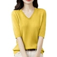 thumbnail image 1 of Women's Summer Sweater Short Sleeve V-Neck Breathable Cotton Pullover Soft Lightweight Knit Blouse Yellow S, 1 of 4