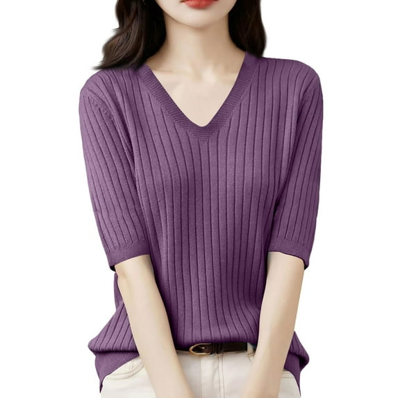 Women's Summer Sweater Short Sleeve V-Neck Breathable Cotton Pullover Soft Lightweight Knit Blouse Purple L