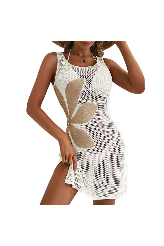 Women's Summer Swimsuit 2026 Cover up Crochet Beach Floral Hollow Out Slit Bikini Sleeveless Cover up Dresses