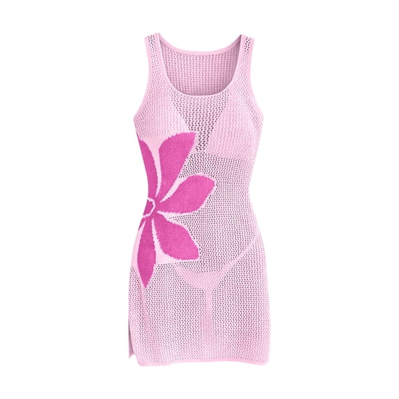 Women's Summer Swimsuit Cover up Crochet Beach Floral Hollow Out Slit Bikini Sleeveless Cover up Dresses