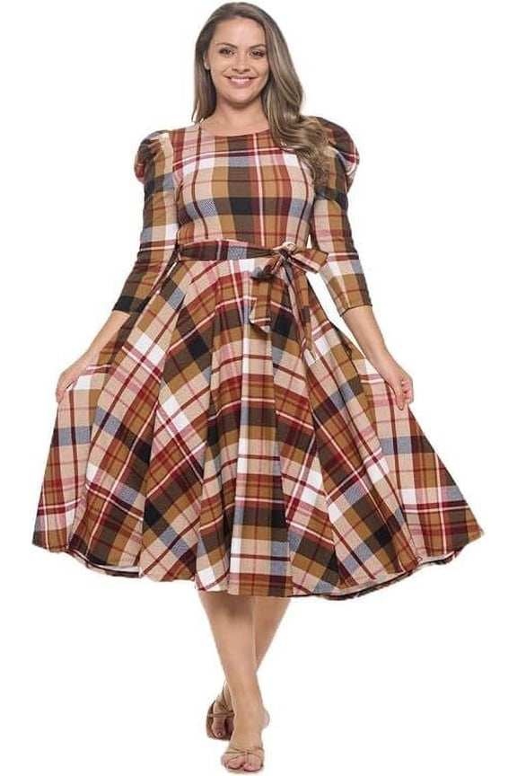 Women's Summer Swing Puff 3/4 Sleeve Midi Cocktail Pockets with Tie Waist for Party, Formal and Casual Dresses(Mustard Brown Large Size)