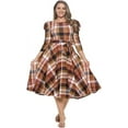 thumbnail image 1 of Women's Summer Swing Puff 3/4 Sleeve Midi Cocktail Pockets with Tie Waist for Party, Formal and Casual Dresses(Mustard Brown Medium Size), 1 of 5