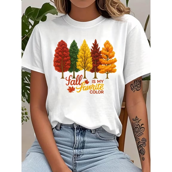Women's Summer T-Shirt Funny Autumn Pattern Short Sleeve With Tree Maple Leaf Fall Theme Handwriting English Illustration Print