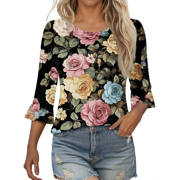 Women's Summer T-Shirts 3/4 Length Sleeves Floral Print Shirts Casual Ruffle Bells Sleeves Shirts Fashion Classic Front Pleated Slim Blouses Top