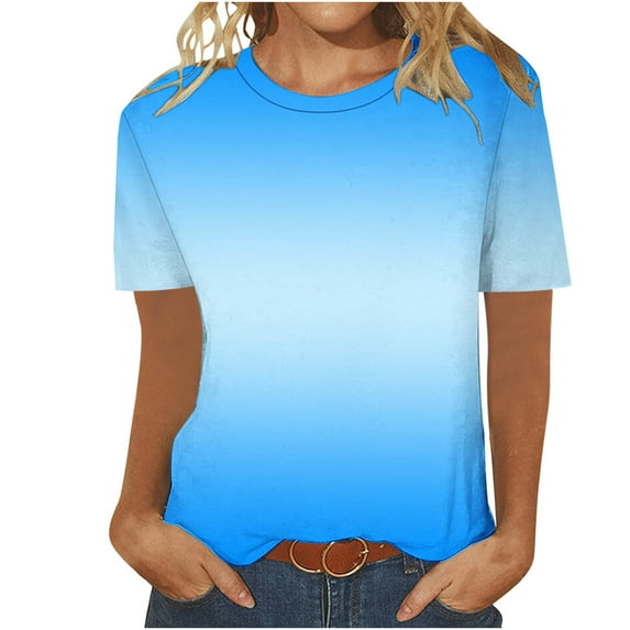 Women's Summer T-Shirts Casual Short Sleeved Shirts Fashion Loose Gradient Color Blouses Round Neck Breathable Cotton Pullover Tops 03#Blue S