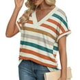 thumbnail image 1 of Women's Summer T-Shirts Fashion Color Block Striped Print Shirts Large Size Loose V-neck Blouses Short Sleeve TShirt Pullover Top, 1 of 6