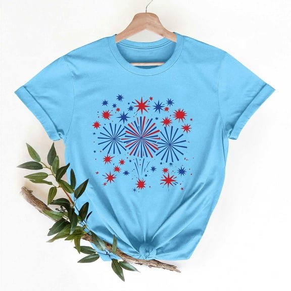 Women's Summer T-Shirts Fashion Independence Day Celebration Print Short Sleeve Shirts Round Neck Patriotic Tees Blouses Pullover Top for Women