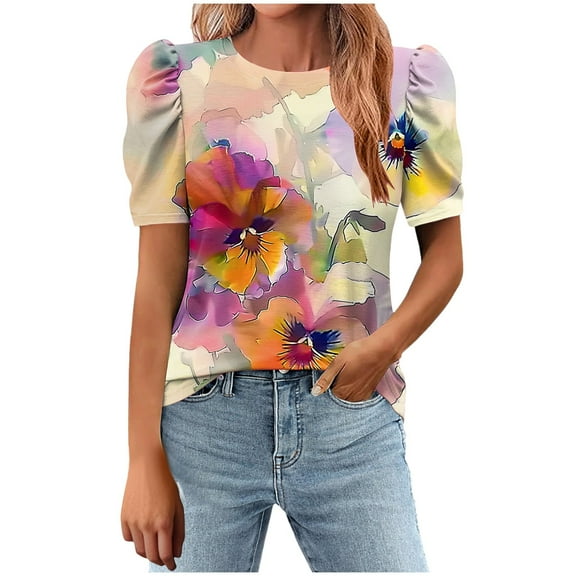 Women's Summer T-Shirts Fashion Print Shirts Loose Round Neck Puff Sleeves Blouse Womens Casual Short Sleeve Blouses Pullover Tops