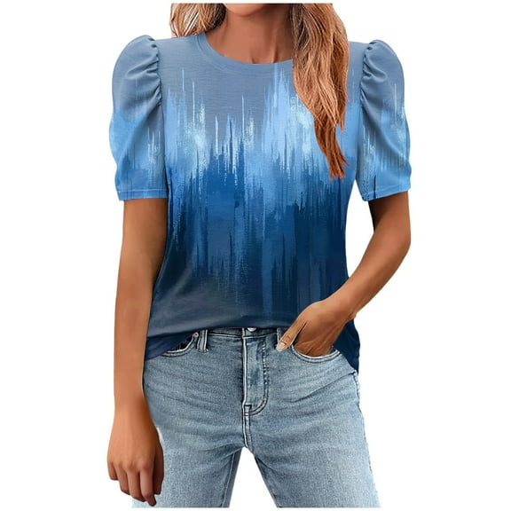 Women's Summer T-Shirts Fashion Print Shirts Loose Round Neck Puff Sleeves Blouse Womens Casual Short Sleeve Blouses Pullover Tops