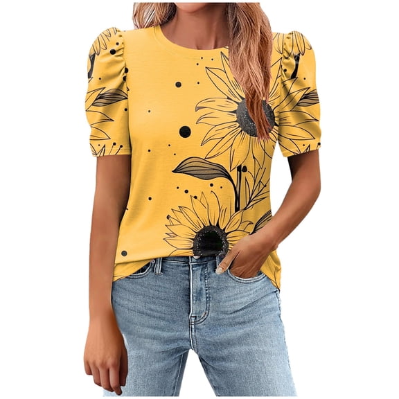 Women's Summer T-Shirts Fashion Print Shirts Loose Round Neck Puff Sleeves Blouse Womens Casual Short Sleeve Blouses Pullover Tops