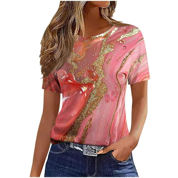 Women's Summer T-Shirts Fashion Printing Shirts Lightweight Crew Neck Short Sleeve Blouses Casual Loose Pullover Tops