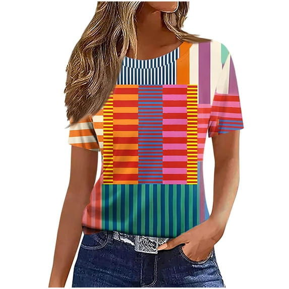 Women's Summer T-Shirts Fashion Printing Shirts Lightweight Crew Neck Short Sleeve Blouses Casual Loose Pullover Tops