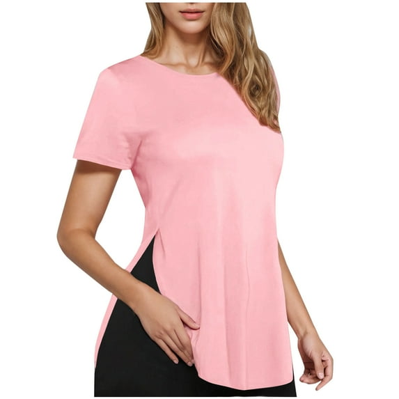 Women's Summer T-Shirts Fashion Side Slits Shirts Round Neck Short Sleeve Blouses Casual Loose Solid Color Women Pullover Top