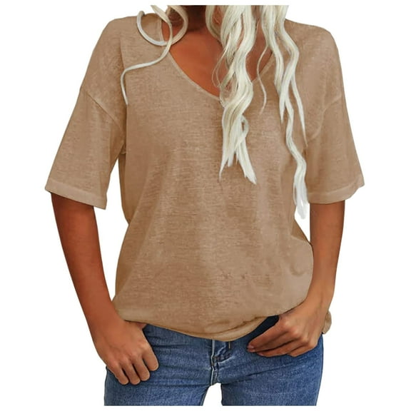 Women's Summer T Shirts Fashion V-Neck Half Sleeves Solid Basic Pullover Tops Casual Trendy Stretch Comfy Loose Fit Blouses