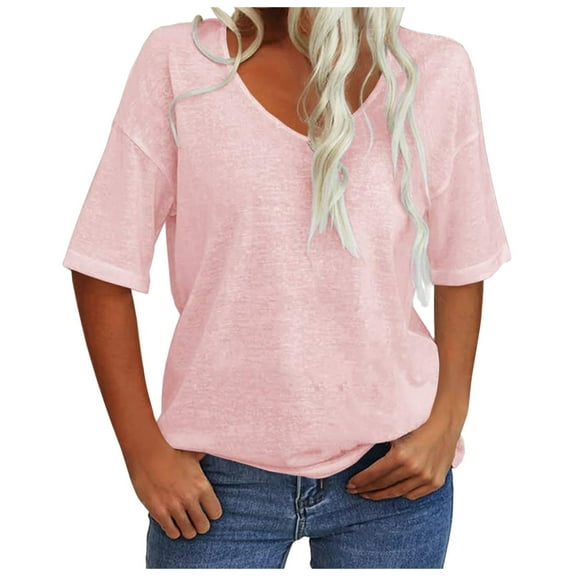Women's Summer T Shirts Fashion V-Neck Half Sleeves Solid Basic Pullover Tops Casual Trendy Stretch Comfy Loose Fit Blouses