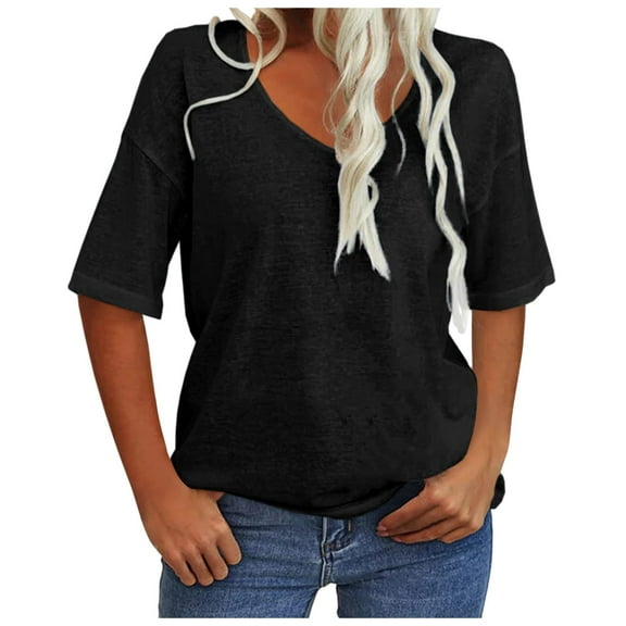 Women's Summer T Shirts Fashion V-Neck Half Sleeves Solid Basic Pullover Tops Casual Trendy Stretch Comfy Loose Fit Blouses