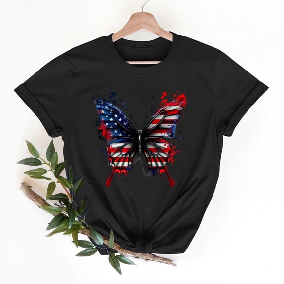 Women's Summer T-Shirts Independence Day Print Short Sleeve Shirts Round Neck Patriotic Tees Blouses Pullover Top for Women