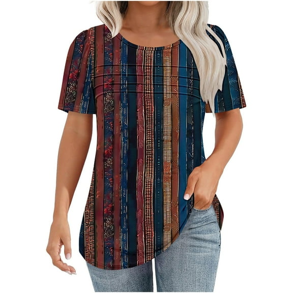 Women's Summer T-Shirts New Fashion Floral Prints Top Loose Round Neck Chest Pleated Shirts Womens Casual Short Sleeve Blouses Pullover Tops